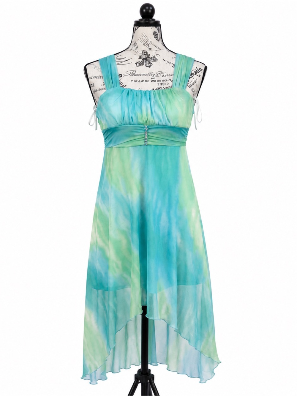 Amy's Closet Aqua and Seafoam Tie-Dye Chiffon High-Low Dress